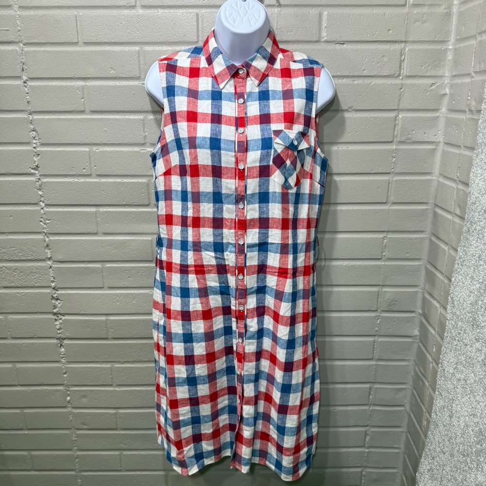 Brooks Brothers Red Fleece Plaid‎ Linen Blend Sleeveless Shirt Dress Red Blue 8